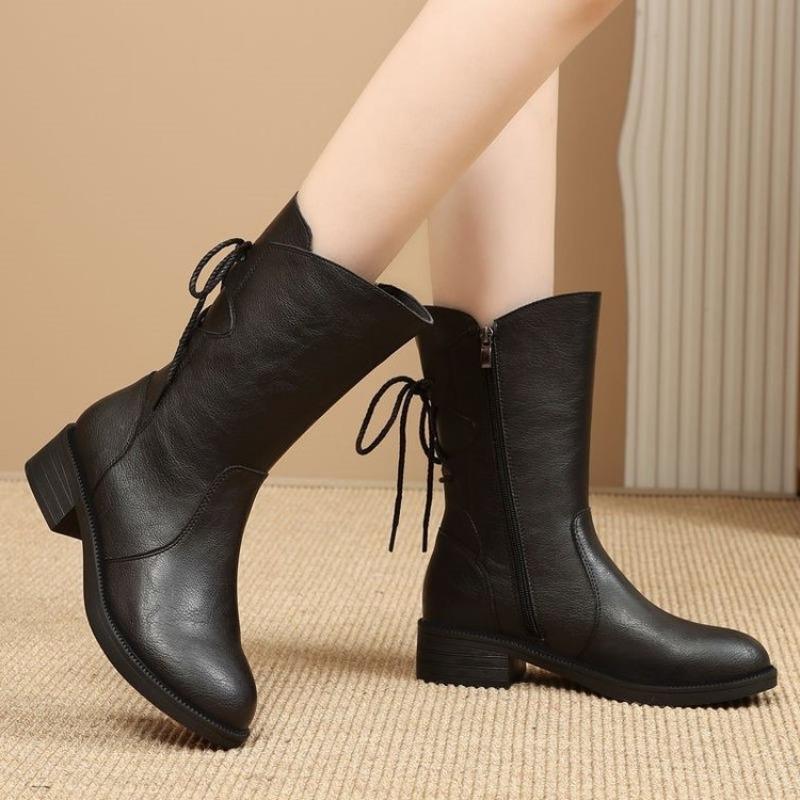 

Retro thick heel height increasing waterproof women s boots autumn winter round toe back lace up mid heel simple warm boots 40