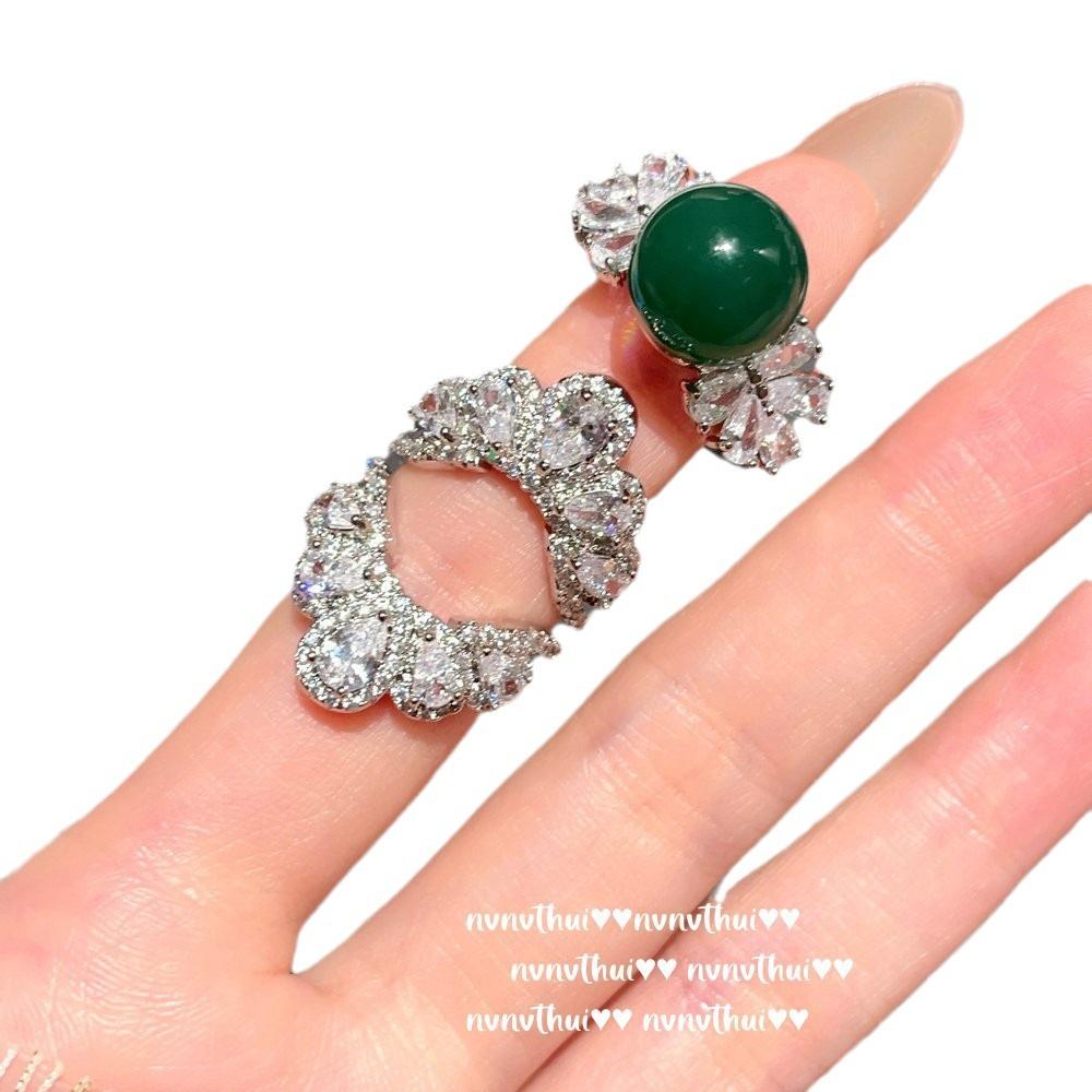 Natural Chalcedony Petal Gemstone Ring, New Chinese Style, Chalcedony Agate Removable Zircon Ring.