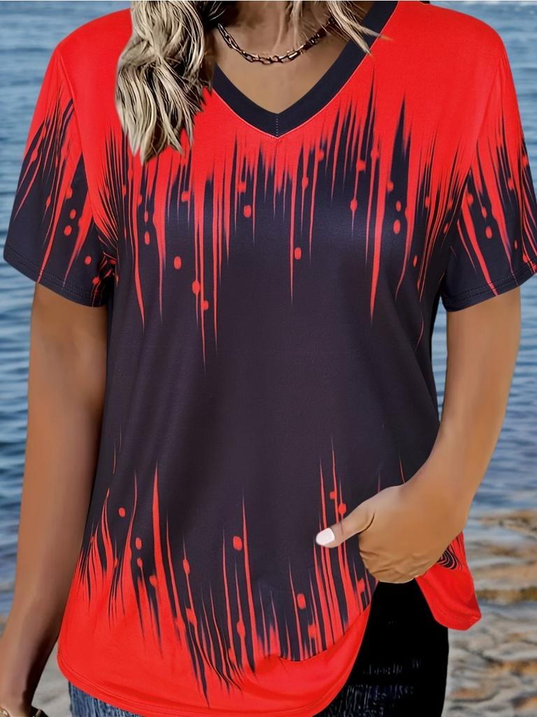 Summer Women's T-shirt Casual Elegant V-neck Short-sleeved Gradient Top Loose Casual Wear Ladies T-shirt Y2K