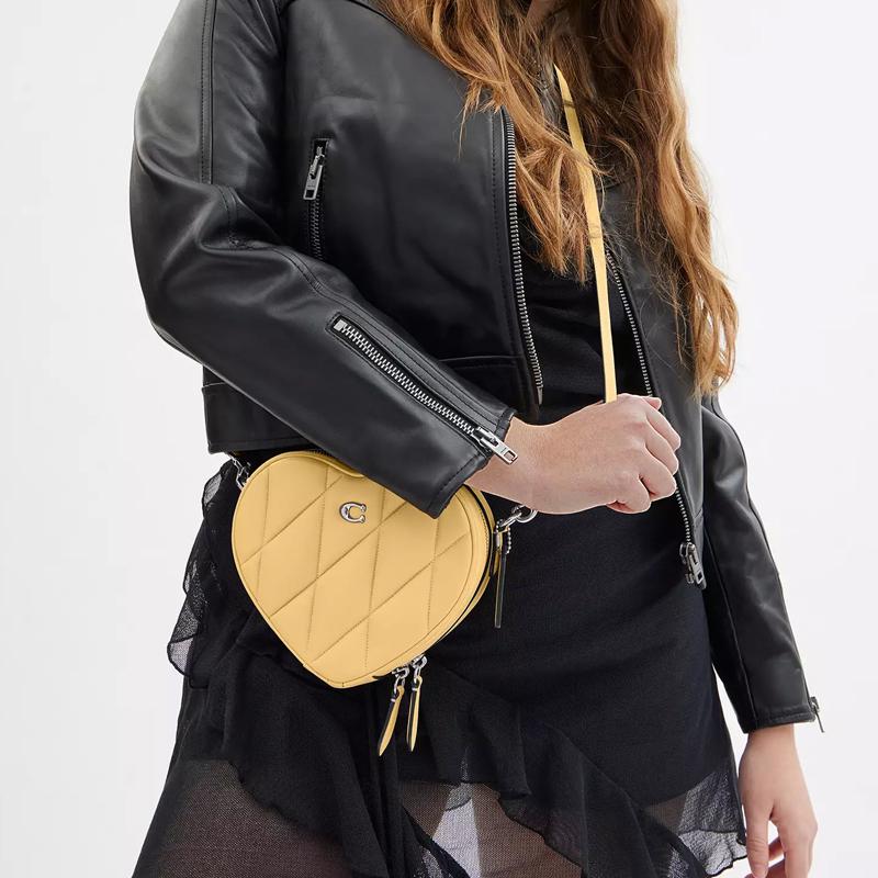 Coach Heart 19 Gold Letter Logo Quilted Nappa Leather Heart Shape Bag Shoulder Crossbody Bag Small Women Yellow