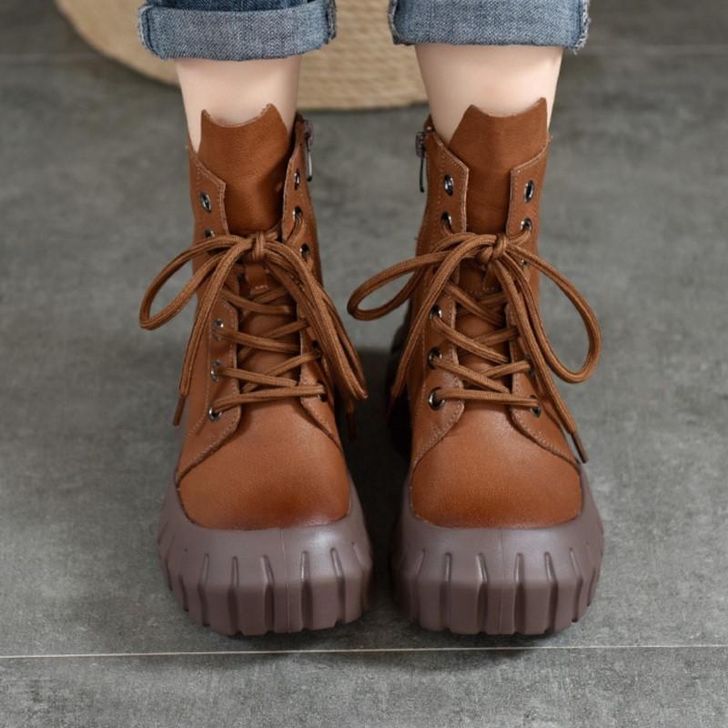 Johnature Genuine Leather Thick Soled Boots Retro Round Toe Lace Up Women's Platform Boots