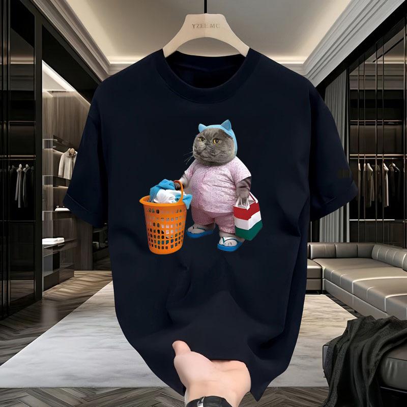 Letni Trend Retro T-shirt z Nadrukiem Kreskówkowego Kotka, Męski i Damski Luźny Krój dla Zakochanych Casualowy Krótki Rękaw