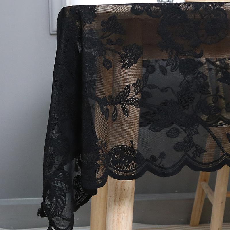 Pure Black Flower And Bird Pattern Lace Lace With Spikes Dining Table Cloth Modern Simple Household Indoor Coffee Table Cover Cloth