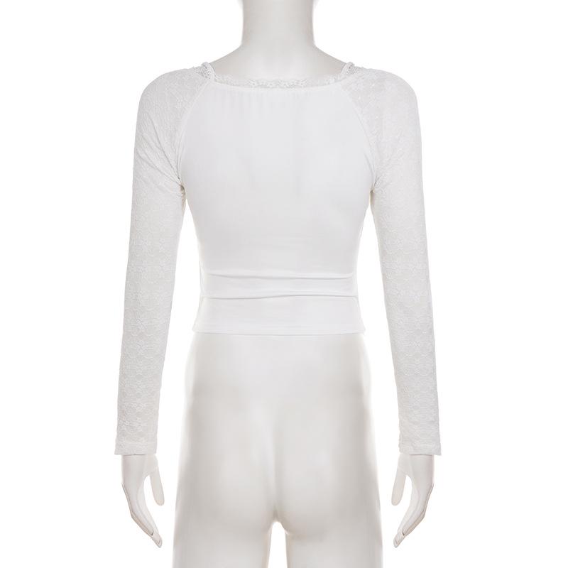 Trendy Spicy Girl Sheer Long-Sleeve Lace Patchwork T-Shirt