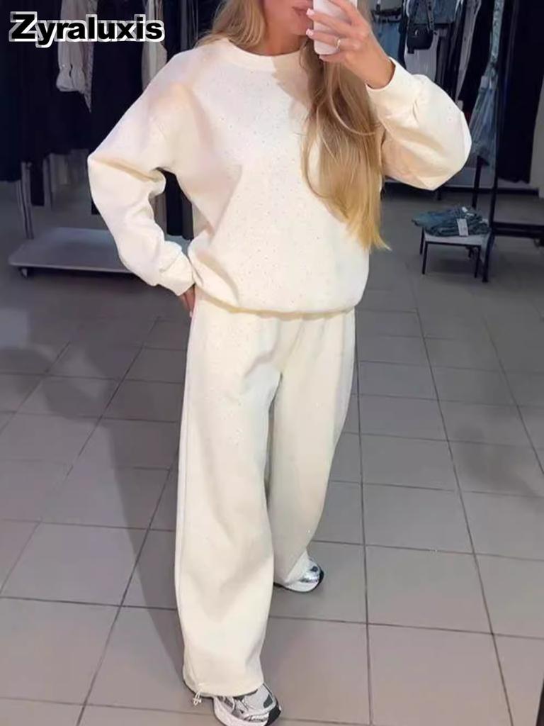 Autumn/Winter Women's Casual Long Sleeve Crew Neck Sweatshirt and Leggings Set with Rhinestones