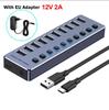 Powered USB Hub 10-Port Splitter Socket with Multi USB 3.0 Port Slot Plug On-Off Key Switch Dock Power Strip Adapter for Laptop