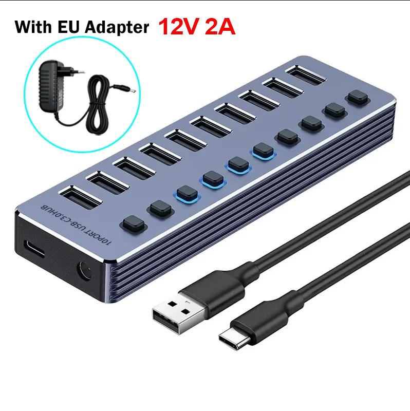 Powered USB Hub 10-Port Splitter Socket with Multi USB 3.0 Port Slot Plug On-Off Key Switch Dock Power Strip Adapter for Laptop