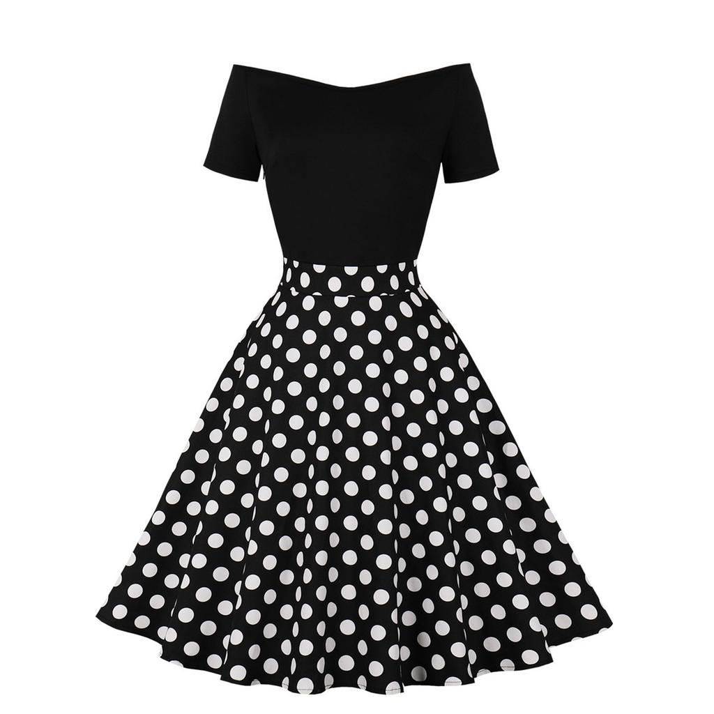 Women's Crewneck, Short Sleeve Stitching, Contrasting Vintage Polka Dot Dress, Oversized Skirt