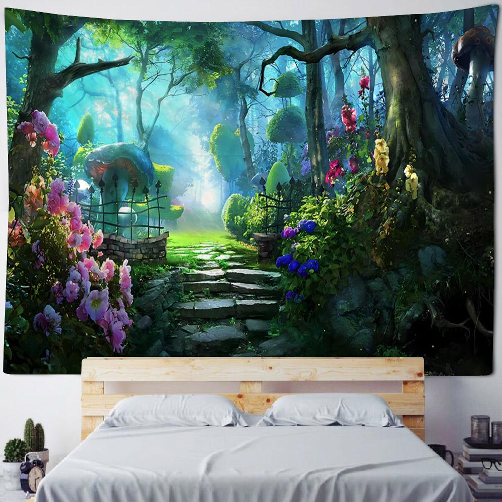 Psychedelic Mushroom Tapestry Fantasy Starry Forest Landscape Art Wall Hanging Mandala Boho Room Decor Yoga Mat Sheet