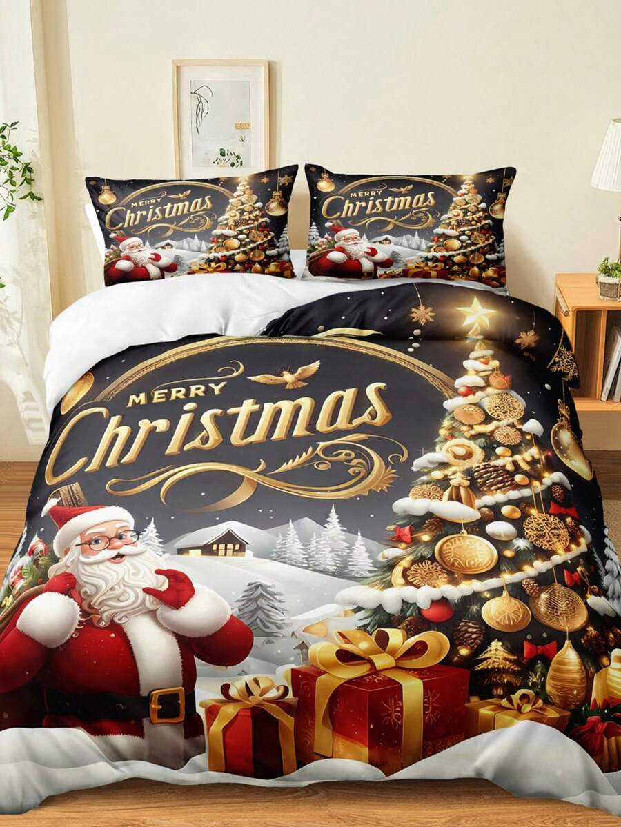 

Рождественский постельный комплект Merry Christmas Набор пододеяльников, Рождественский принт 3 предмета Рождественские украшения для комнаты Набор чехлов для одеяла EU Twin(135x200cm)