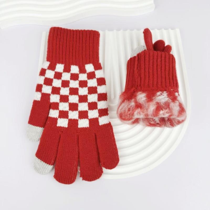 

Gloves for Women Cycling Warm and Cold Resistant Cute Autumn and Winter Knitted Checkerboard Gloves червоний