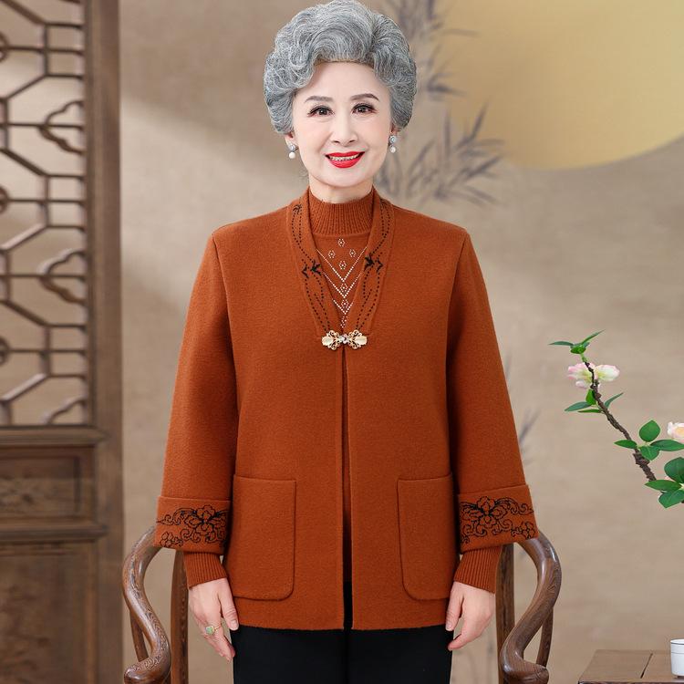 Middle-aged and Elderly High-end Clothes Female Grandma Wear Autumn Jacket Mother Knitted Two-piece Suit Temperament Elderly Pure Color