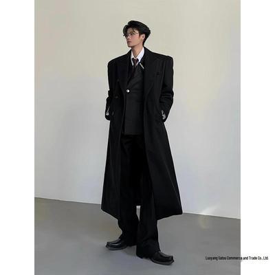 British-Style Men's Black Padded Shoulder Godfather Coat - Winter Mid-Length, High-End Clean Fit Windbreaker Jacket