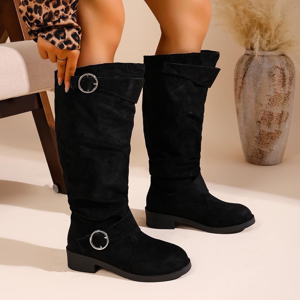 Women Ankle Boots Western Style Pleated Flat Booties Women Autumn Winter Thick Heel Boots Leather Belt Buckle Cotton Lined Shoes