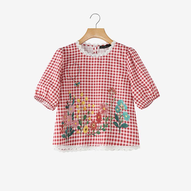 ZANZEA Women Grid Print Casual Round Neck Half Sleeve Blouse S красный
