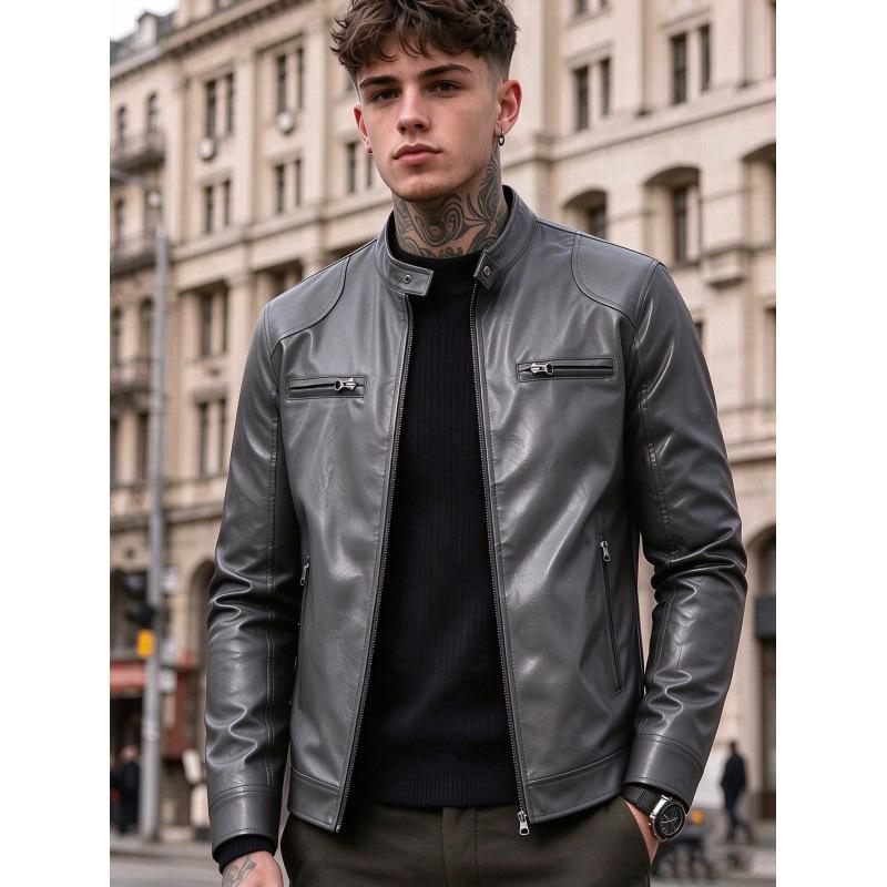 New men's stand-up collar PU leather jacket slim locomotive jacket autumn business casual ruffian handsome jacket
