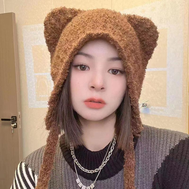 Women's Cute Bear Wool Hat - Warm Plush Knitted Beanie for Large Head Circumference