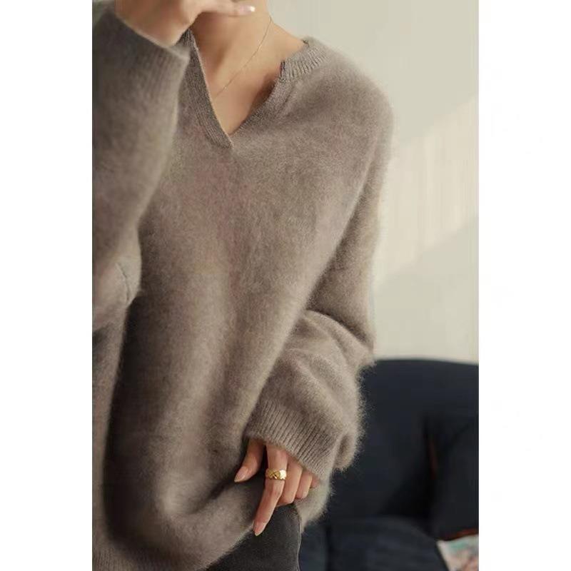 Gentle semi-open neck sweater women's autumn new lazy loose soft waxy knitted sweater with top