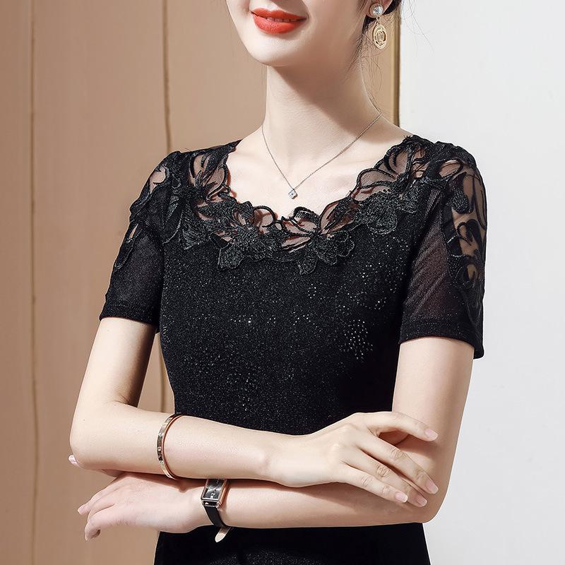 

Women s Pink Lace Floral Embroidered Short Sleeve Blouse with Rhinestones M чёрный