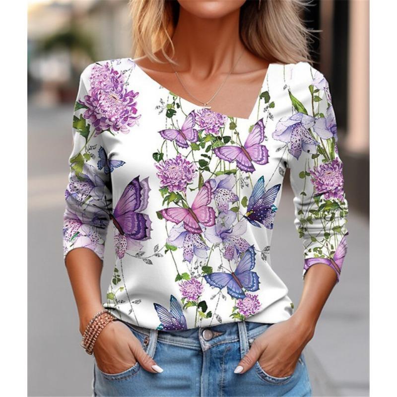 Seksowny diagonalny kołnierzyk z uniwersalnym cyfrowym nadrukiem 3D T-shirt damski na co dzień wiosna jesień długi rękaw koszulka rekreacyjna odzież