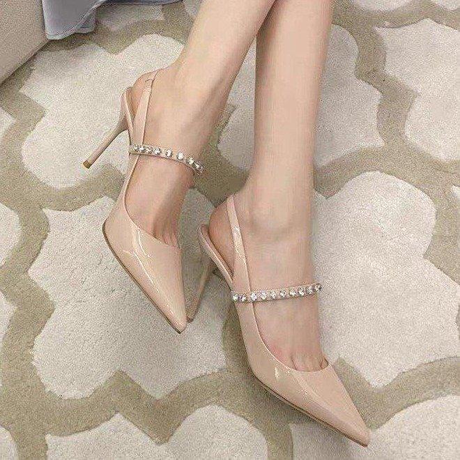 Fashion Hot Selling 2025 High Heel Sandals Women's Spring New Style Water Diamond Thin Heel Headed Nude Leather Summer Pointed Toe Shoes