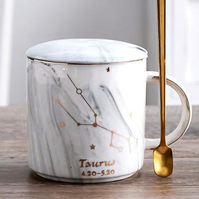 400ML Twelve Constellation Marble Cup with Cover Long Spoon Ceramic Party Tableware Set Porcelain Breakfast Coffee Mug Cup