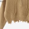 ZANZEA Autumn Women Long Sleeve Zip-up Rib Knitted Irregular Hooded Sweaters