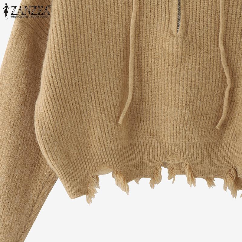 ZANZEA Autumn Women Long Sleeve Zip-up Rib Knitted Irregular Hooded Sweaters