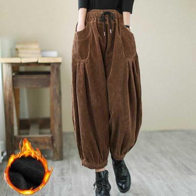 Baggy Corduroy Thicken Bloomers Pants Winter Womens High Waist Plush Velvet 90cm Harem Trousers Casual Warm Pants
