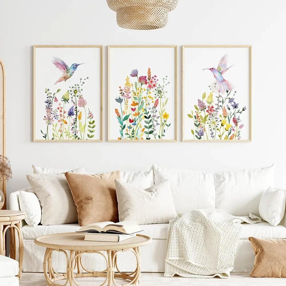 Sulu Boya Kır Çiçeği Posteri Renkli Çiçek Baskıları Bitki Duvar Sanatı Tuval Tablo Oturma Odası Dekorasyonu için Duvar Resimleri