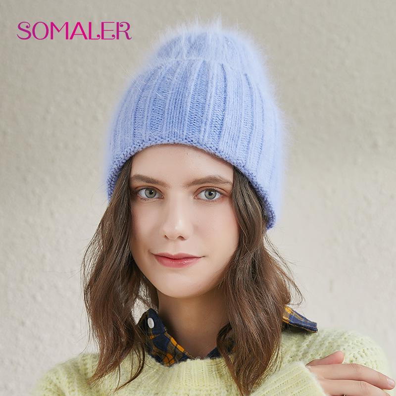 SOMALER Winter Cuff Beanie Angola Rabbit Fur Hats for Women Candy-colored Ski Cap