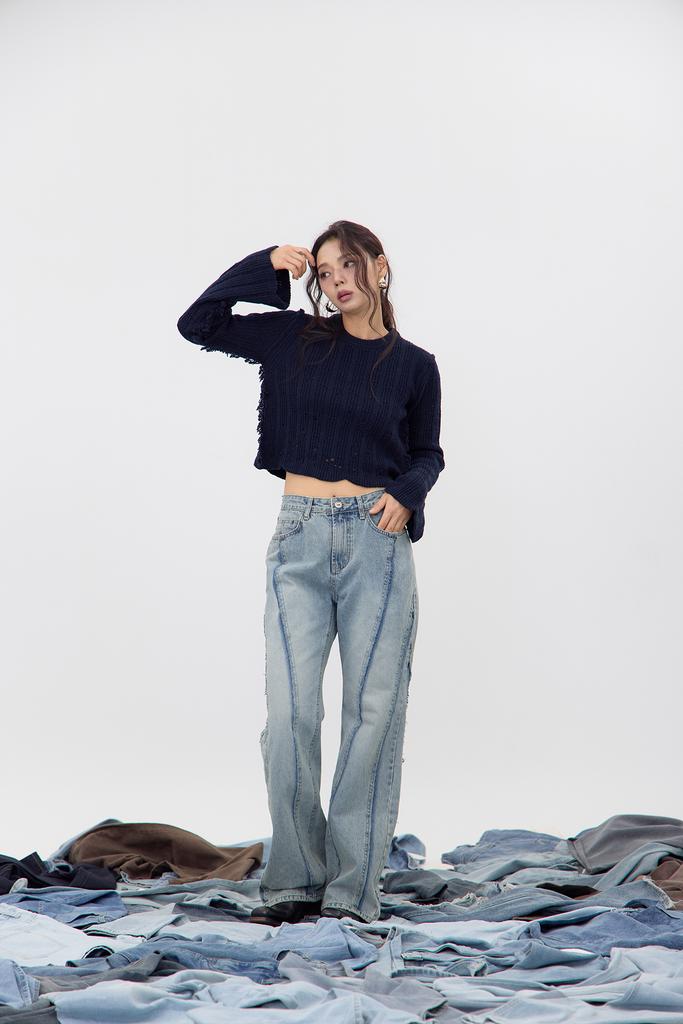 NO EXTRA TOUCH Boho Damage Knit (Navy) / 25Fwkp001Na
