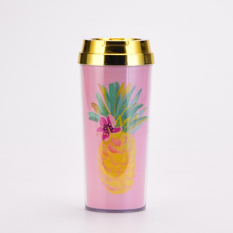 Double Layer Thickened Coffee Cup Insert Card Flower 16Oz Plastic Water Cup Heat Insulation Portable Water Cup