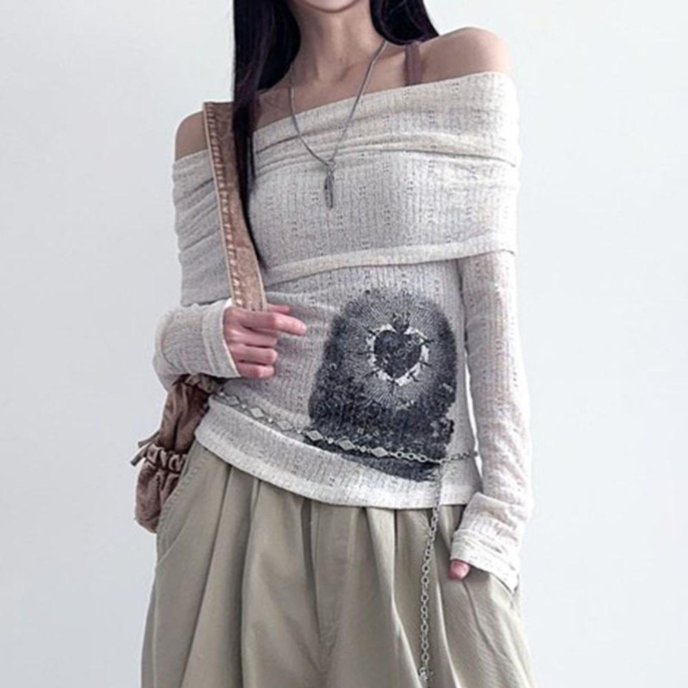 See Through Dark Printed T Shirt Casual Slash Neck Long Sleeve Tees Women Fashion Streetwear Ladies