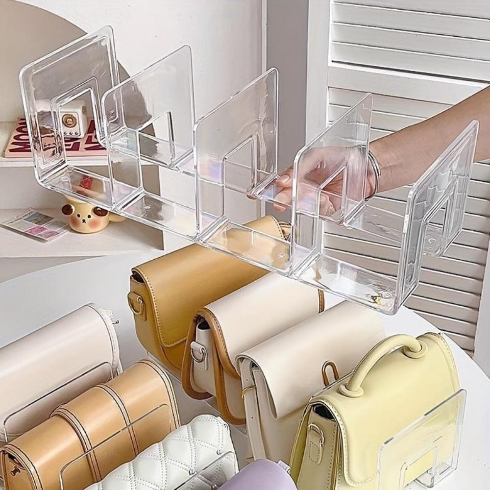 1pcs Transparent Acrylic Storage Rack, 4-grid Bag Storage Partition Board, Wardrobe Storage Rack, Makeup Closet Organizer, Bedroom Dorm Accessories