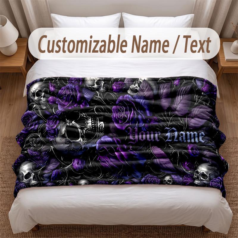 Skull Gothic Theme Soft Blanket Personalized Custom Name Text Print Warm Blanket Home Sofa Bedroom Decor