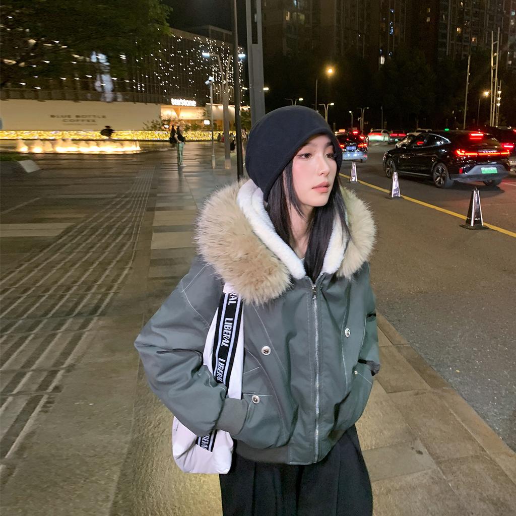 Women's Cotton-padded Winter Parka American Retro Mountain-carved Fur Collar Loose Thickened Short Work Jacket