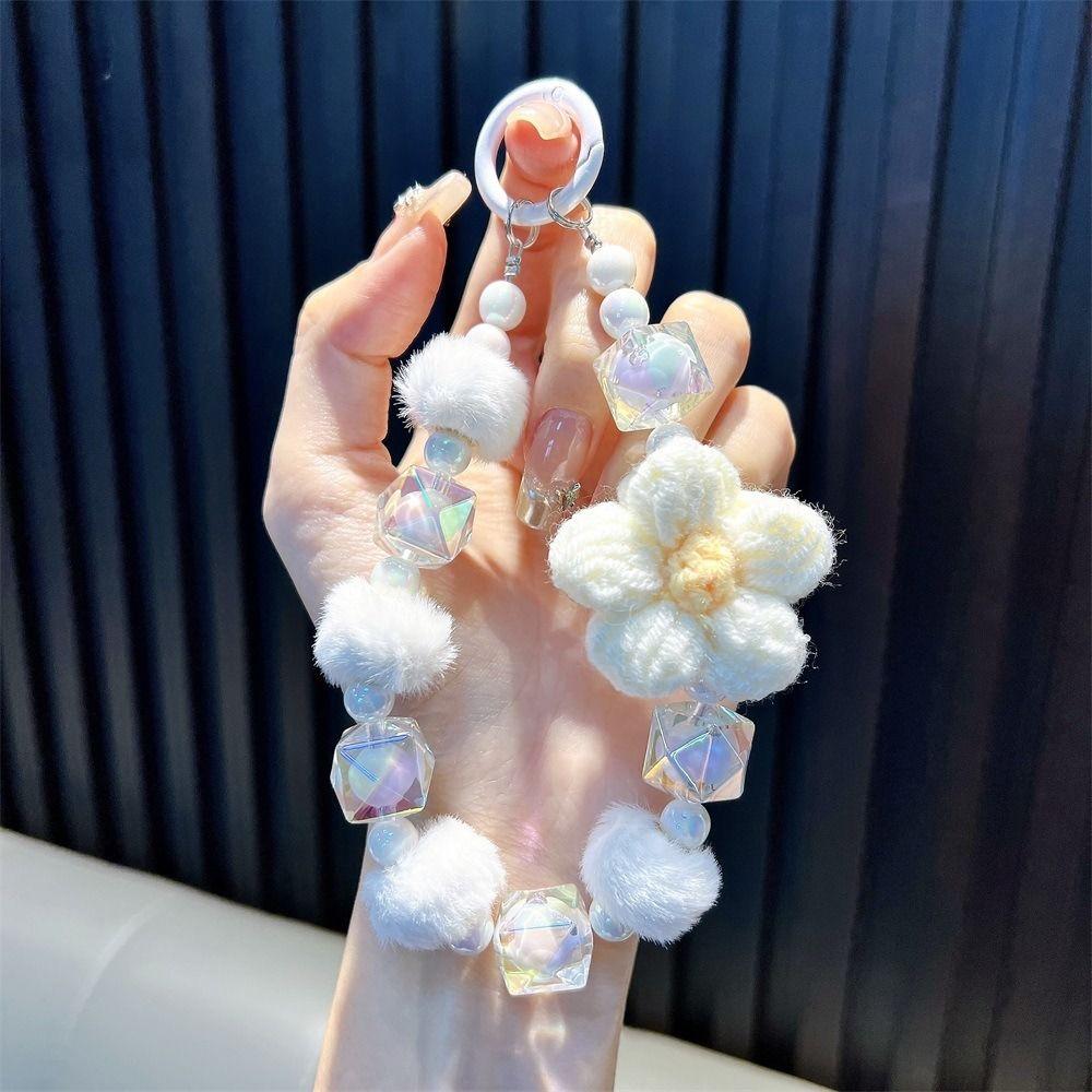 Sweet Beaded Phone Strap Plush Ball Car Key Ring INS Knit Beads Keychain  Children