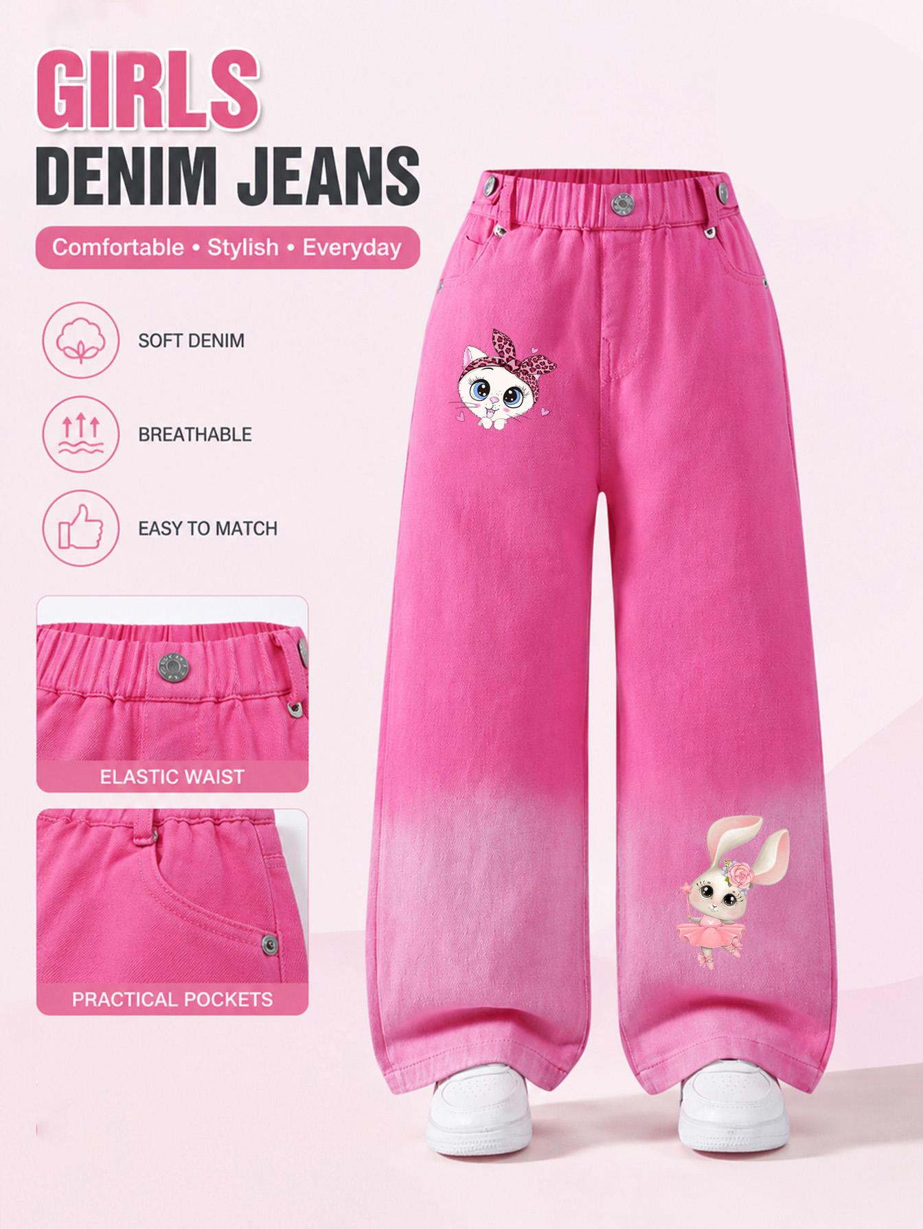 Girls Cartoon Print Denim Jeans - Elastic Waist Wide Leg Pants 110cm розы красного