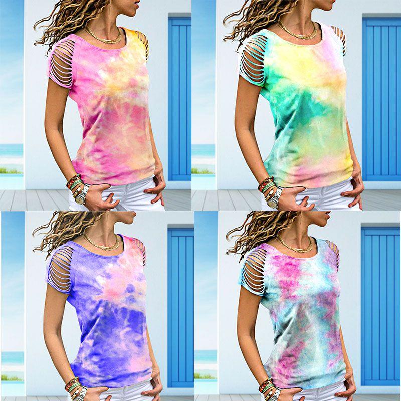 Womens Vibrant Tie-dye Printed Tops Casual Short Sleeve Blouse Perfect For Summer
