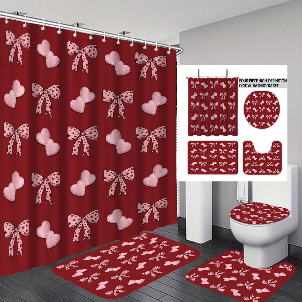 4pcs Valentine's Day Romantic Red Bow Printed Bathroom Set Waterproof Shower Curtain Floor Mat Toilet Mat U-Shaped Mat