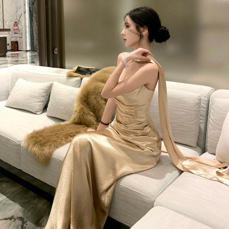 Amber Floating Light Gold Tub Top Engagement Dress Light Luxury Bridal Toast Dress Morning Gown Dress