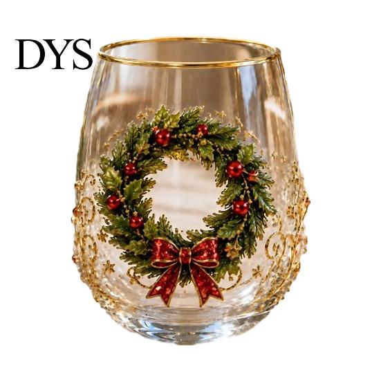 Christmas Themed Water Mug 330ML Glass Cup, Wreath/Santa Claus/Elk/Stockings/Snowman Pattern Holiday Glassware Compact for Breakfast Wine, Coffee,