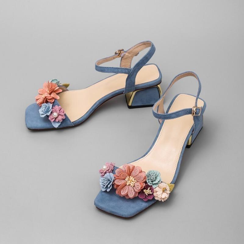 Fashion Women Sweet Colored Flower Sheep-suede Fashion Sandals Summer 4.5cm Low Heel Birthday Party Wedding Bride Bridesmaid Shoes 42
