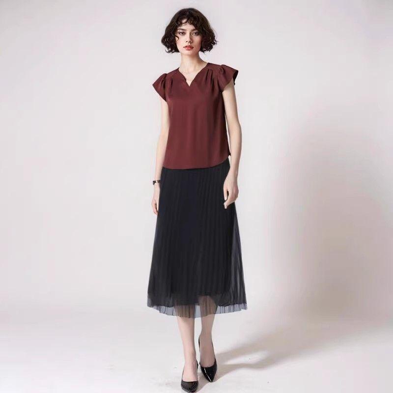 

European and American-Style Elegant V-neck Short-Sleeve A- line Style Belly-Covering Shirt Burgundy 2XL
