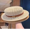 Lightweight Breathable Straw Boater Hat Hollow Out Leather Trim UV Protection Cap for Beach Travel Summer Outdoor Use