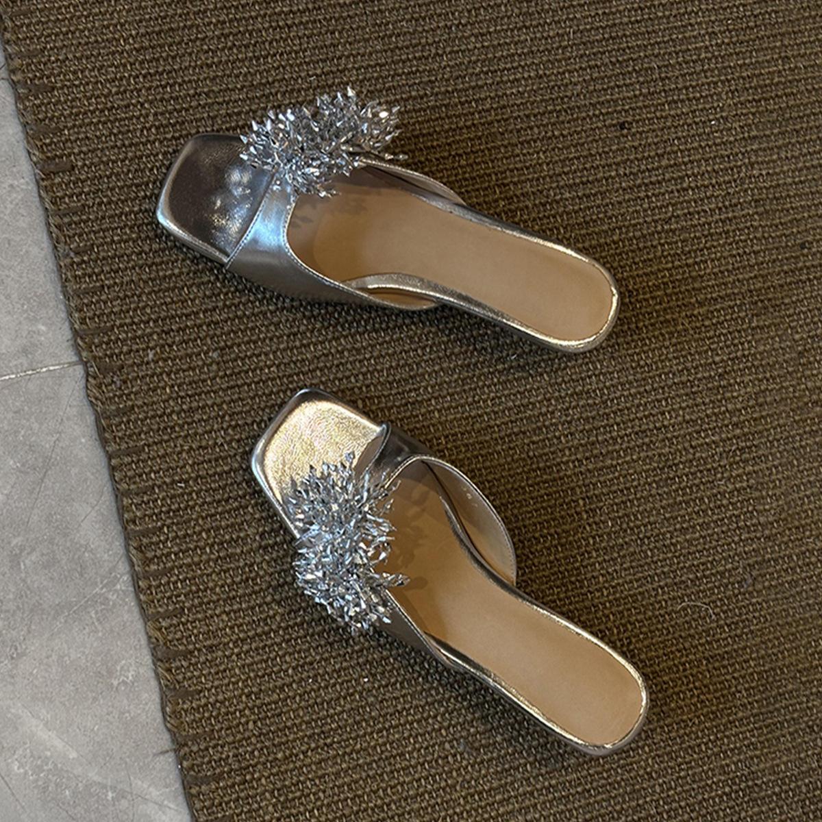 

Французские премиальные тапочки для душа Smoke, женские, на низком каблуке, универсальные, с квадратным носком, темпераментные, крутые тапочки 40 серебряный