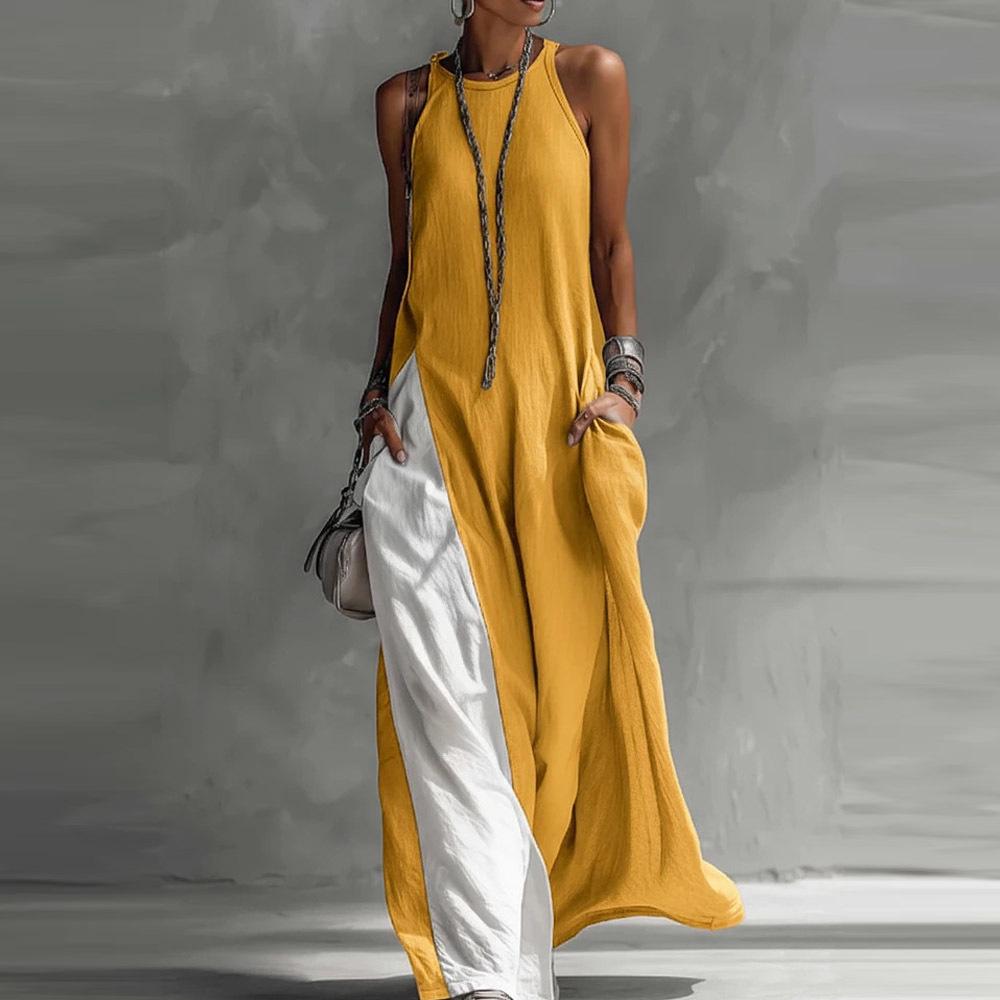 Women's Sleeveless Color Block Off-the-Shoulder Casual Dress with Pockets