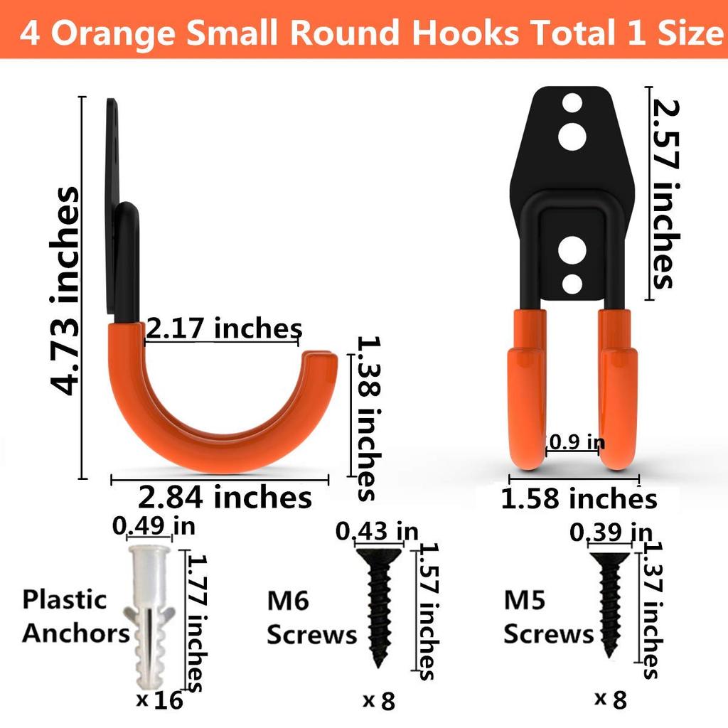Wall Mount Heavy Duty Double J Hook for Garage Storage: 4 Pack Orange 2.8 Inch Steel Utility Hooks with Anti-Slip PVC Coating 65 LB Load Capacity for