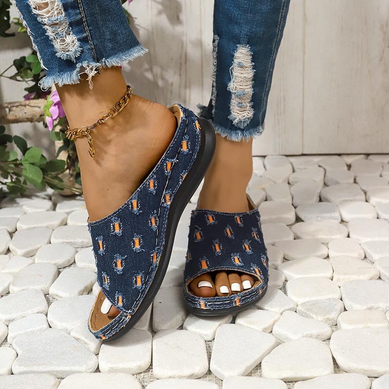Large size wedge slippers women's summer new one-word denim outer thick-soled slippers